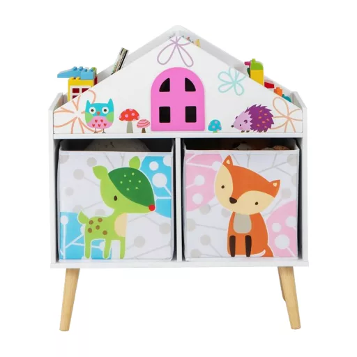 Raftă pentru cărți în formă de casă cu 2 cutii de depozitare