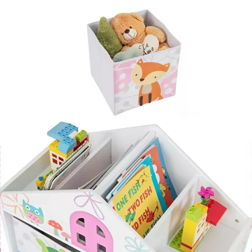 Raftă pentru cărți în formă de casă cu 2 cutii de depozitare