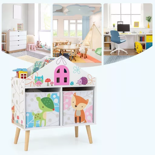 Raftă pentru cărți în formă de casă cu 2 cutii de depozitare