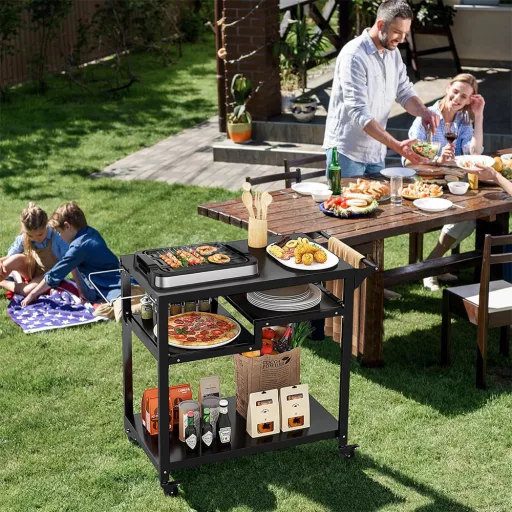 Cărucior mobil cu grătar cu 3 niveluri