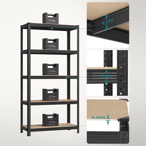 unitate de rafturi din oțel cu 5 niveluri, set de 2, negru