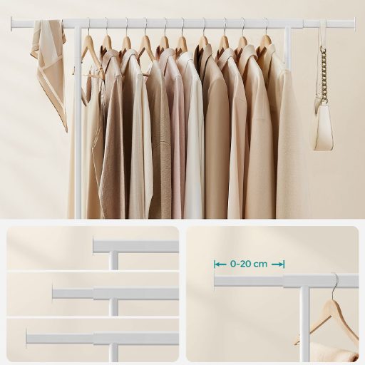 Suport pentru haine reglabil pe înălțime cu roți, alb