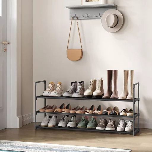 Raft de pantofi metalic cu 3 niveluri, 116 x 30 x 55 cm