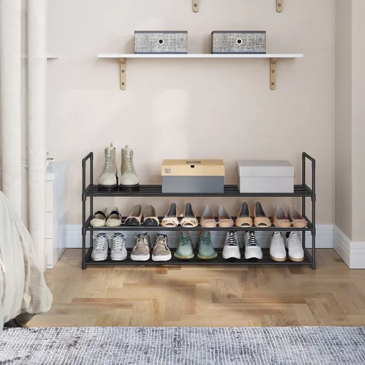 Raft de pantofi metalic cu 3 niveluri, 116 x 30 x 55 cm