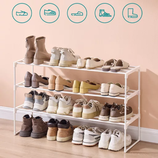 Raft de pantofi metalic cu 3 niveluri, alb 92x30x55cm