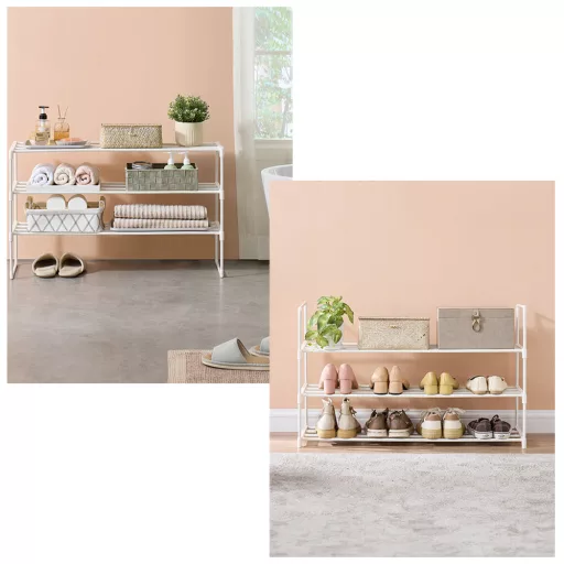 Raft de pantofi metalic cu 3 niveluri, alb 92x30x55cm