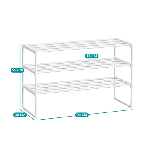Raft de pantofi metalic cu 3 niveluri, alb 92x30x55cm
