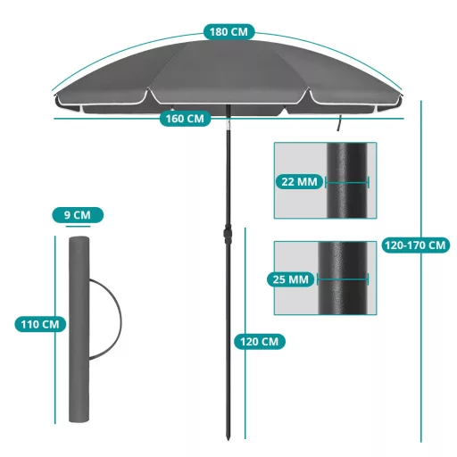 Umbrelă Rotundă Reglabilă cu Geantă de Transport, Gri