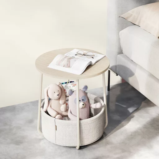 Măsuță de cafea rotundă cu coș textil