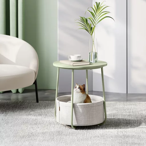 Masă de cafea rotundă cu coș din țesătură, verde deschis