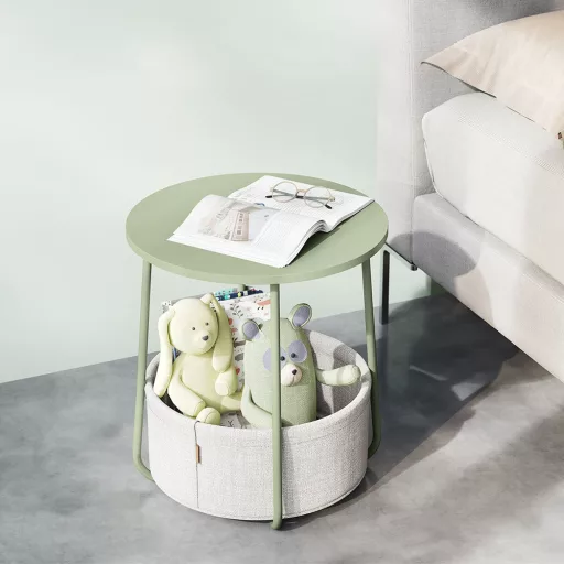 Masă de cafea rotundă cu coș din țesătură, verde deschis